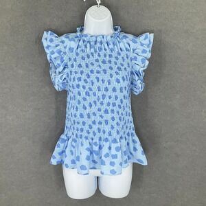 THML Top Womens Sz XS Ruffle Sleeve Smocked Top Blue Abstract Print‎ Whimsical